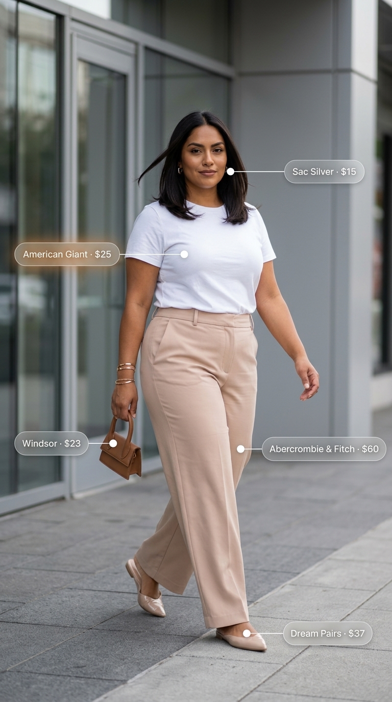 Modern City Tucked In Tee Outfit 2026 Tucked in summer t-shirt outfit for women 2026: Cobalt blue fitted tee tucked into white wide-leg pants, mules, and mini bag.