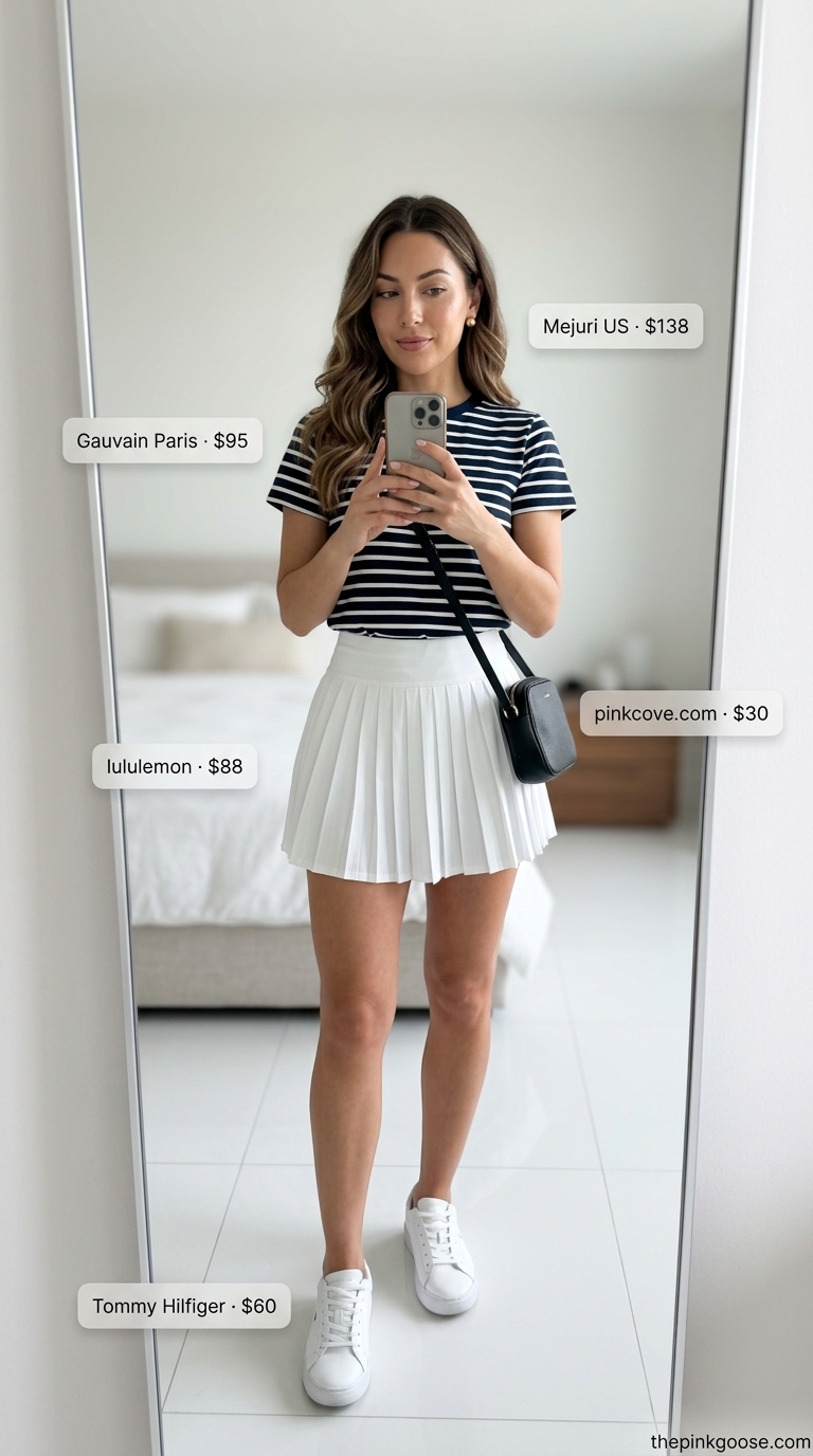 Preppy Summer: Tucked In Summer T-Shirt Outfit 2026 Sporty-chic tucked in summer t-shirt outfit for women 2026: striped tee, tennis skirt, white sneakers, crossbody bag.