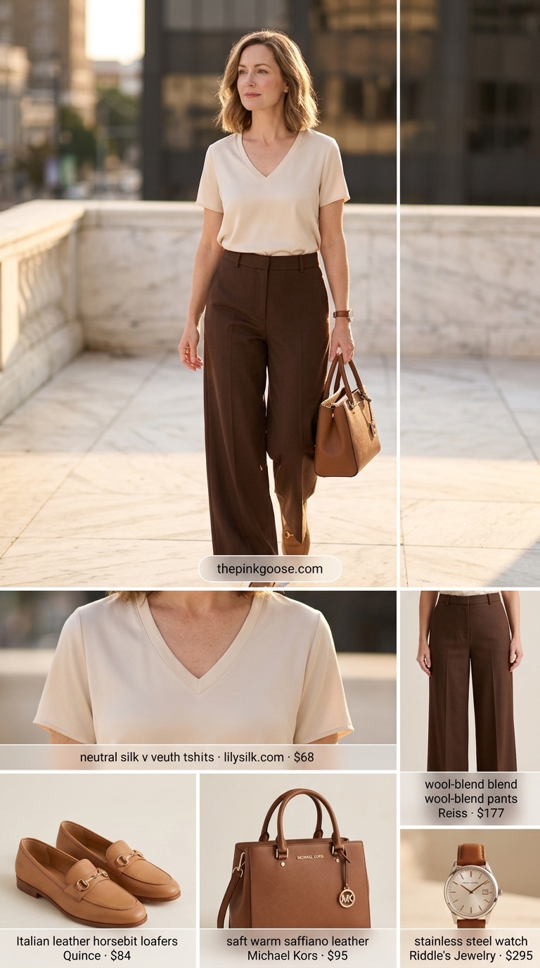 Refined Ease Tucked In Tee Outfit 2026 Tucked in summer t-shirt outfit for women 2026: Cream silk tee tucked into camel wide-leg trousers, loafers, and leather bag.