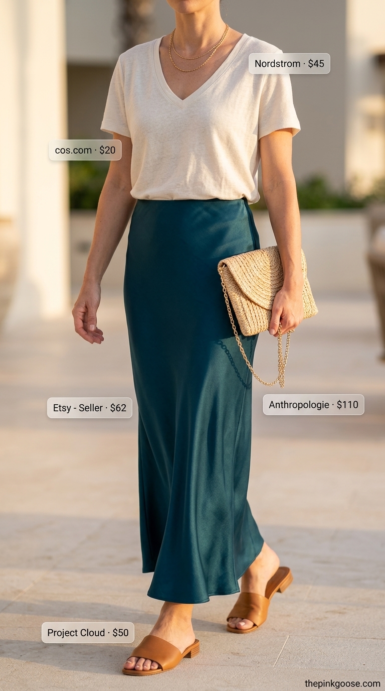 Resort Dinner Tucked In Summer T-Shirt Outfit 2026 Tucked in summer t-shirt outfit for women 2026: Ecru linen tee tucked into teal satin maxi skirt for resort dinner.