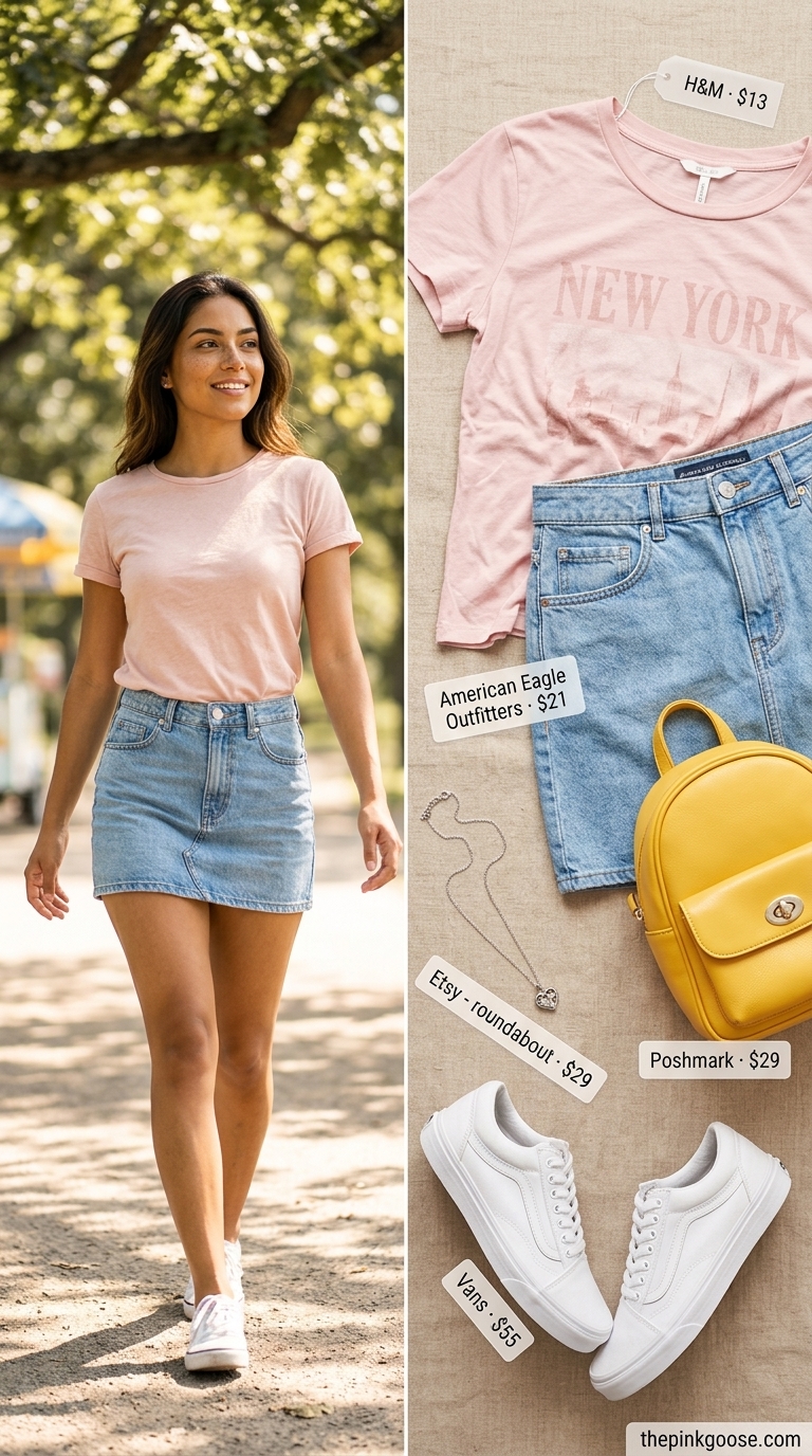 Retro Park Day Tucked In Summer T-Shirt Outfit 2026 Tucked in summer t-shirt outfit for women 2026: Pastel pink graphic tee tucked into denim mini skirt for a retro park day.