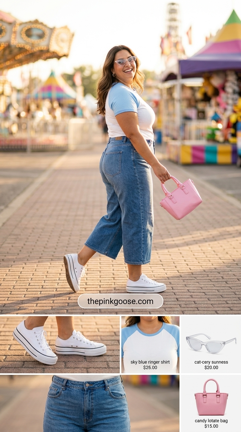 Retro Summer Tucked In Tee Outfit 2026 Tucked in summer t-shirt outfit for women 2026: White ringer tee with sky blue wide-leg culottes, pink bag, and white sneakers.