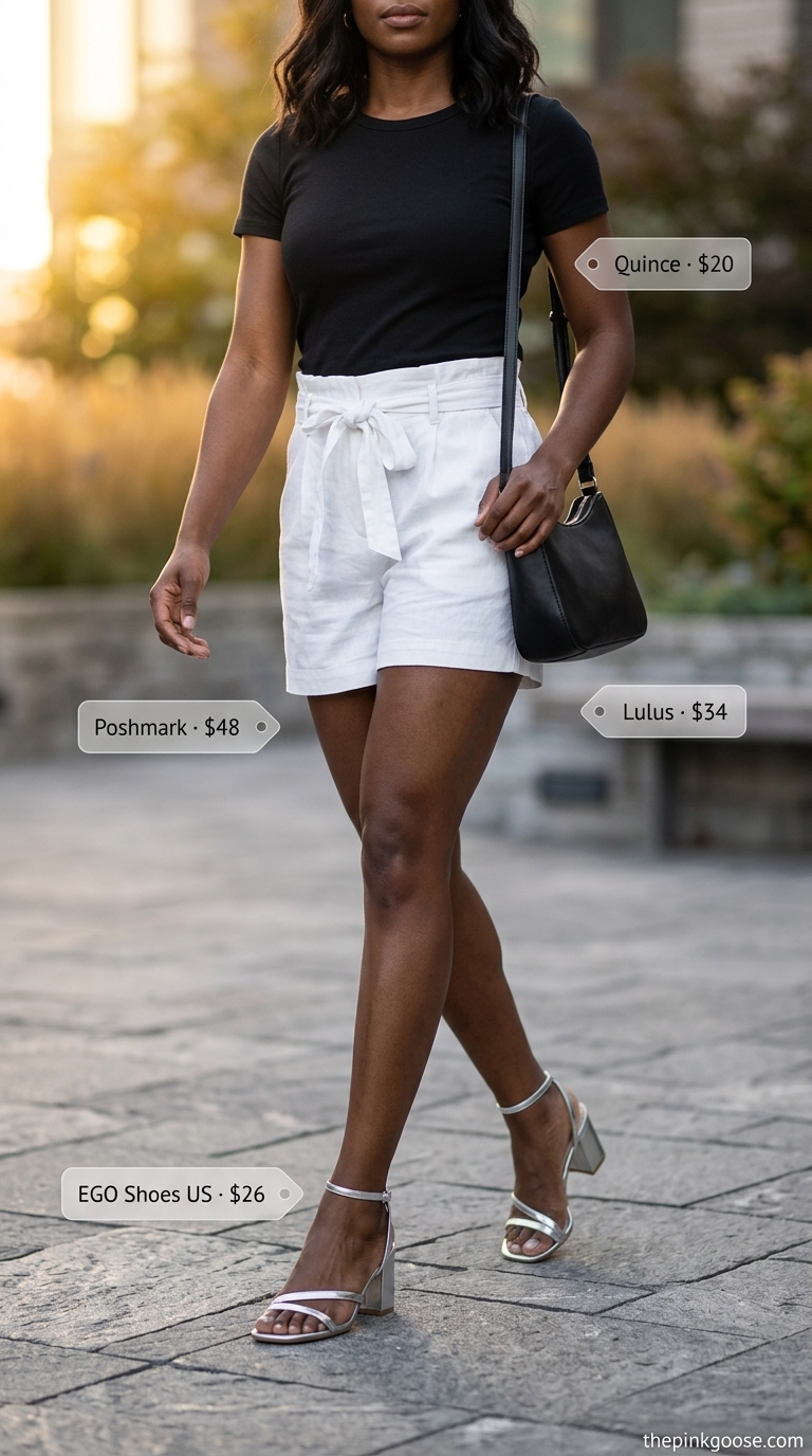 Sleek Evening Tucked In Tee Outfit 2026 Tucked in summer t-shirt outfit for women 2026: Black fitted tee with white paperbag shorts, block heels, and mini bag.