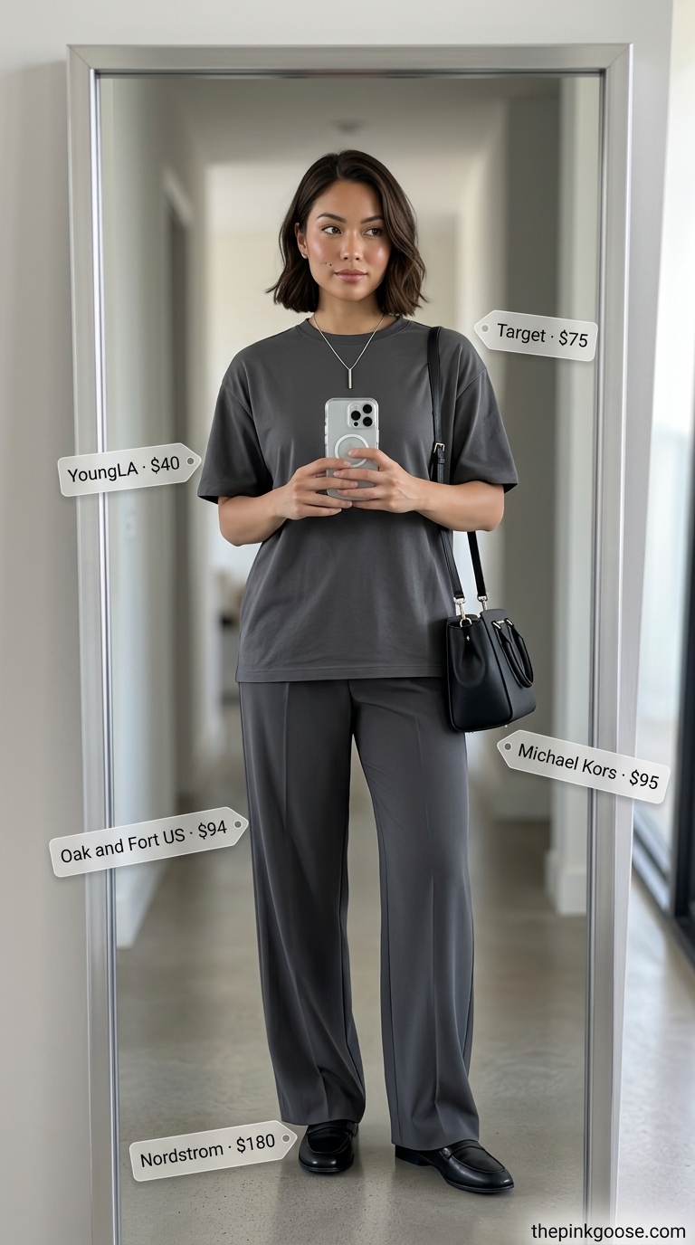 Sophisticated City: Tucked In Summer T-Shirt Outfit 2026 Polished tucked in summer t-shirt outfit for women 2026: grey tee, charcoal trousers, loafers, satchel bag.