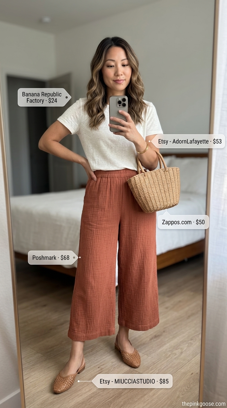 Terracotta Art Gallery Tucked In Summer T-Shirt Outfit 2026 Tucked in summer t-shirt outfit for women 2026: Ivory linen tee tucked into terracotta culottes for a chic gallery visit.