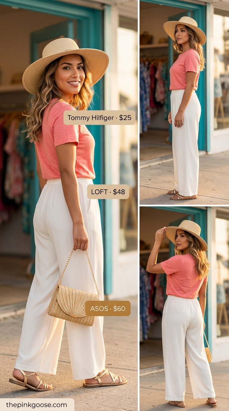 Chic tucked in summer t-shirt outfit for women 2026: coral tee, ivory palazzo pants, straw hat, raffia clutch.