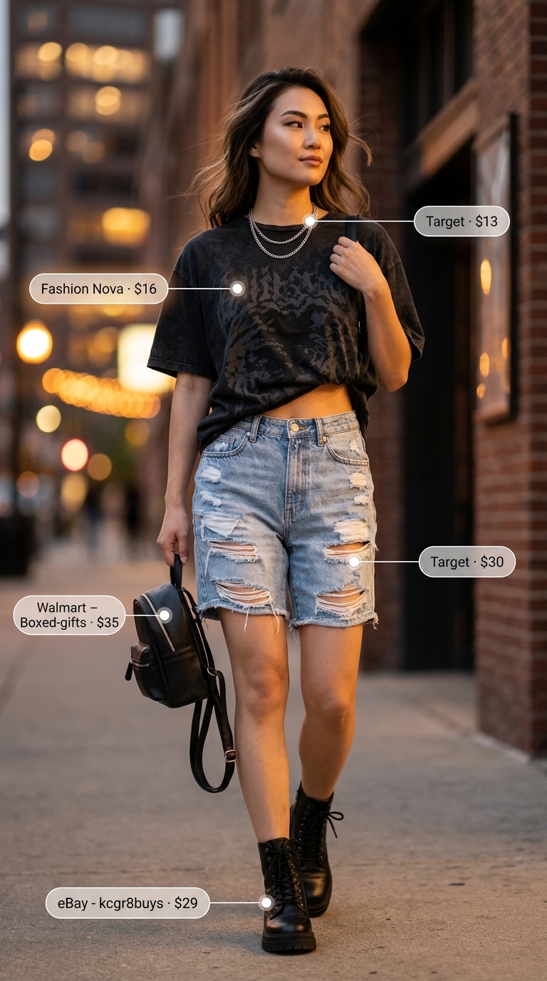 Urban Festival Tucked In Summer T-Shirt Outfit 2026 Tucked in summer t-shirt outfit for women 2026: Black graphic tee tucked into distressed denim shorts for a festival vibe.