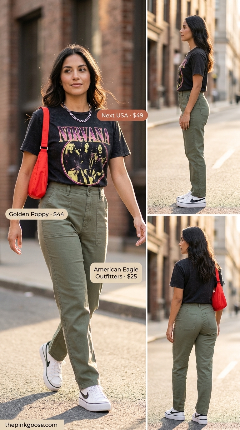 Urban Groove: Tucked In Summer T-Shirt Outfit 2026 Edgy tucked in summer t-shirt outfit for women 2026: charcoal graphic tee, black cargo pants, chunky sneakers, silver chain.