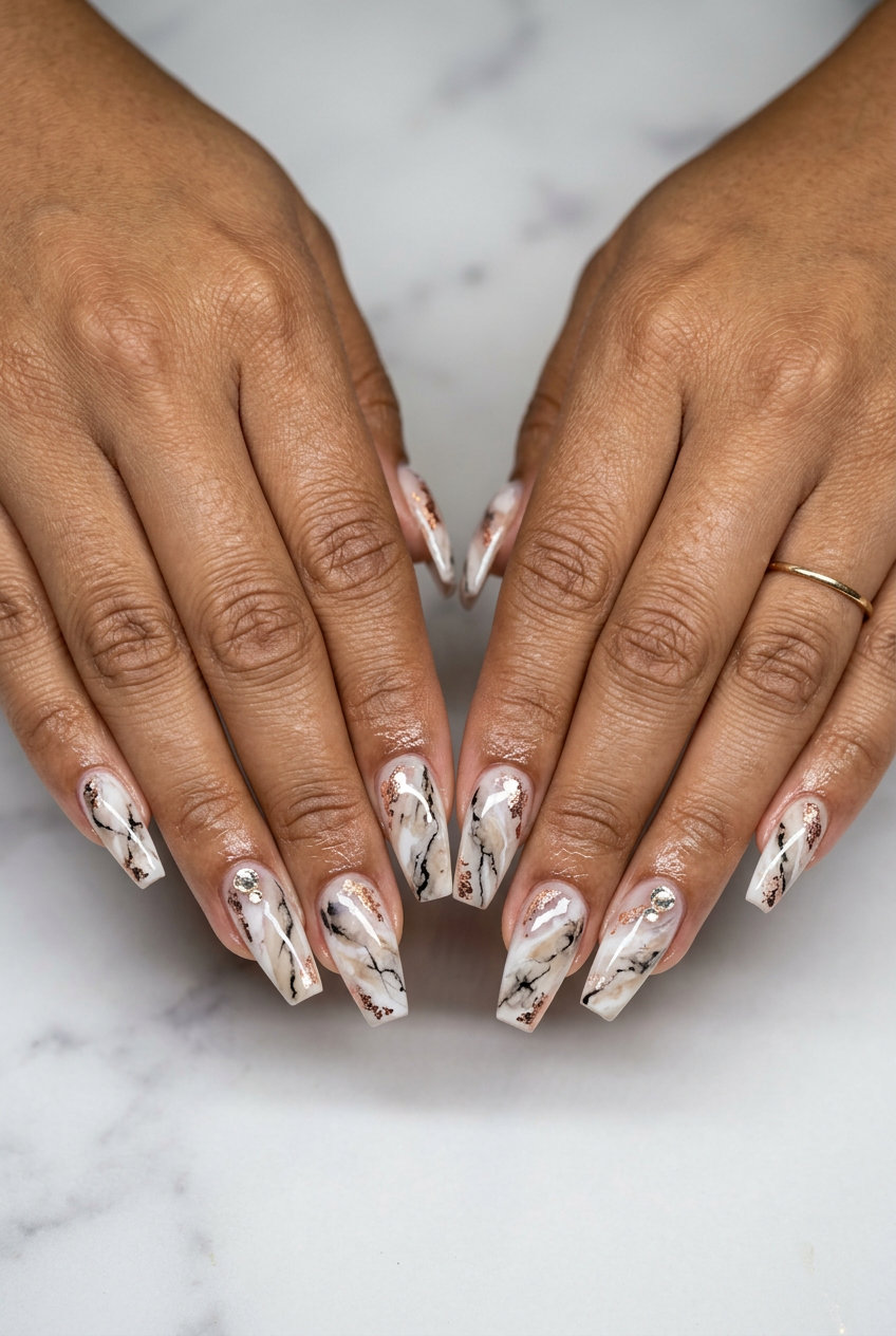 Marble & Rhinestone Nails 2026: Glamorous Party Abstract marble nails with rose gold foil and rhinestones for trending summer nails 2026. Glamorous party style.