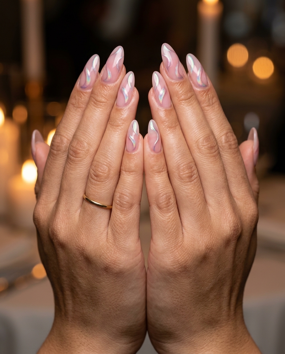 Almond Nails Summer 2026: Chrome Swirl Accents Iridescent chrome accent swirls almond nails for summer 2026. Futuristic party night out style.