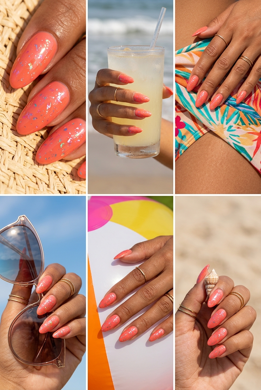 Coral Foil Almond Nails Summer 2026 Vibrant coral almond nails with iridescent foil flakes for summer 2026 festivals and parties.