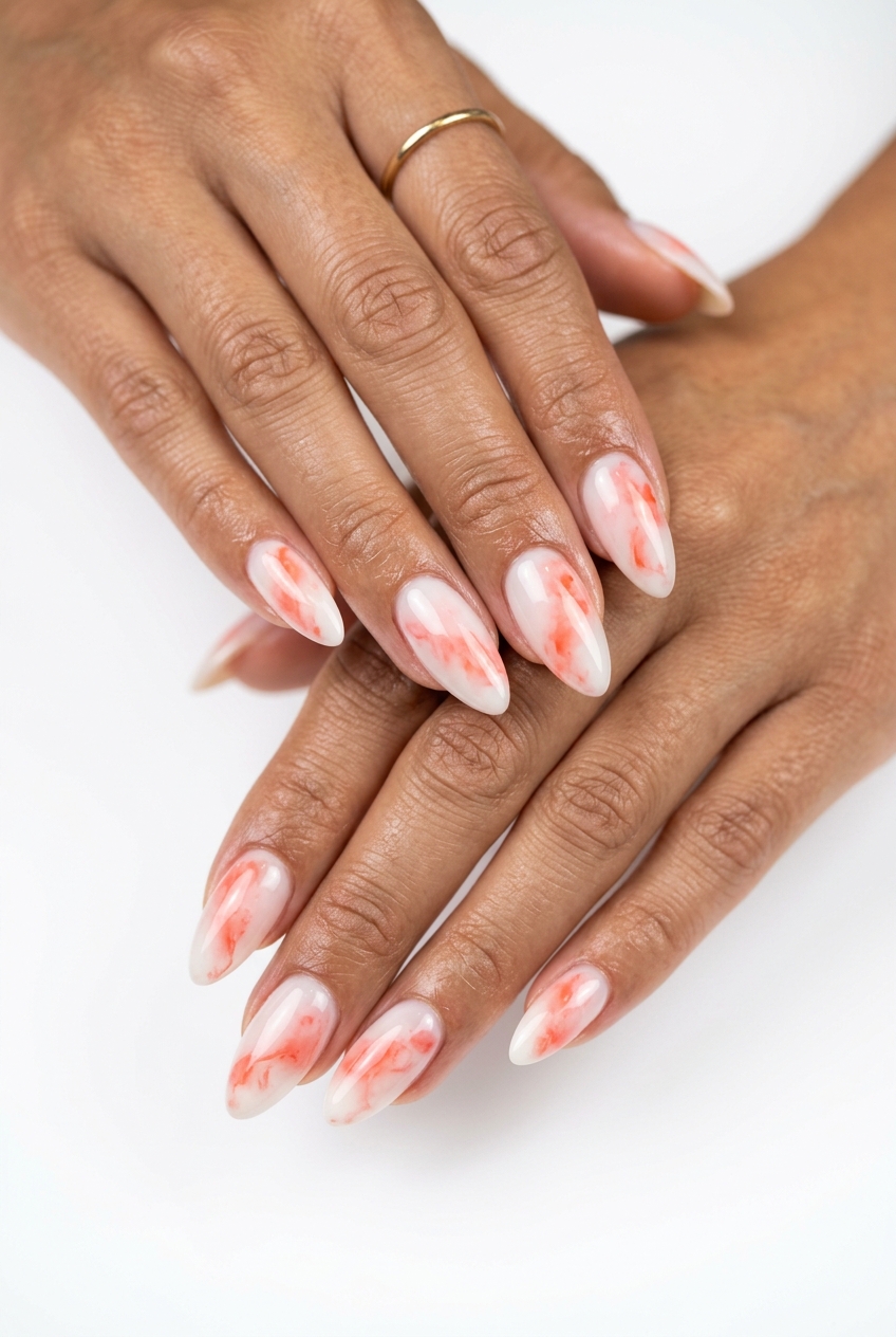 Almond Nails Summer 2026: Coral Milky Bath Vibrant coral milky bath almond nails for summer 2026. Sophisticated and bold formal event style.