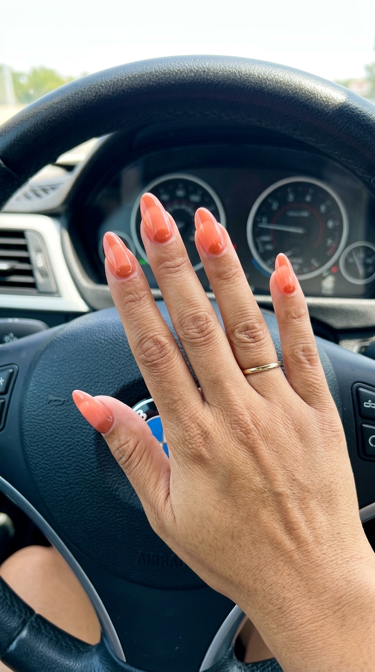 Jelly Peach Fuzz Reverse French Almond Nails Summer 2026 Jelly peach fuzz reverse French almond nails for summer 2026 date night style.