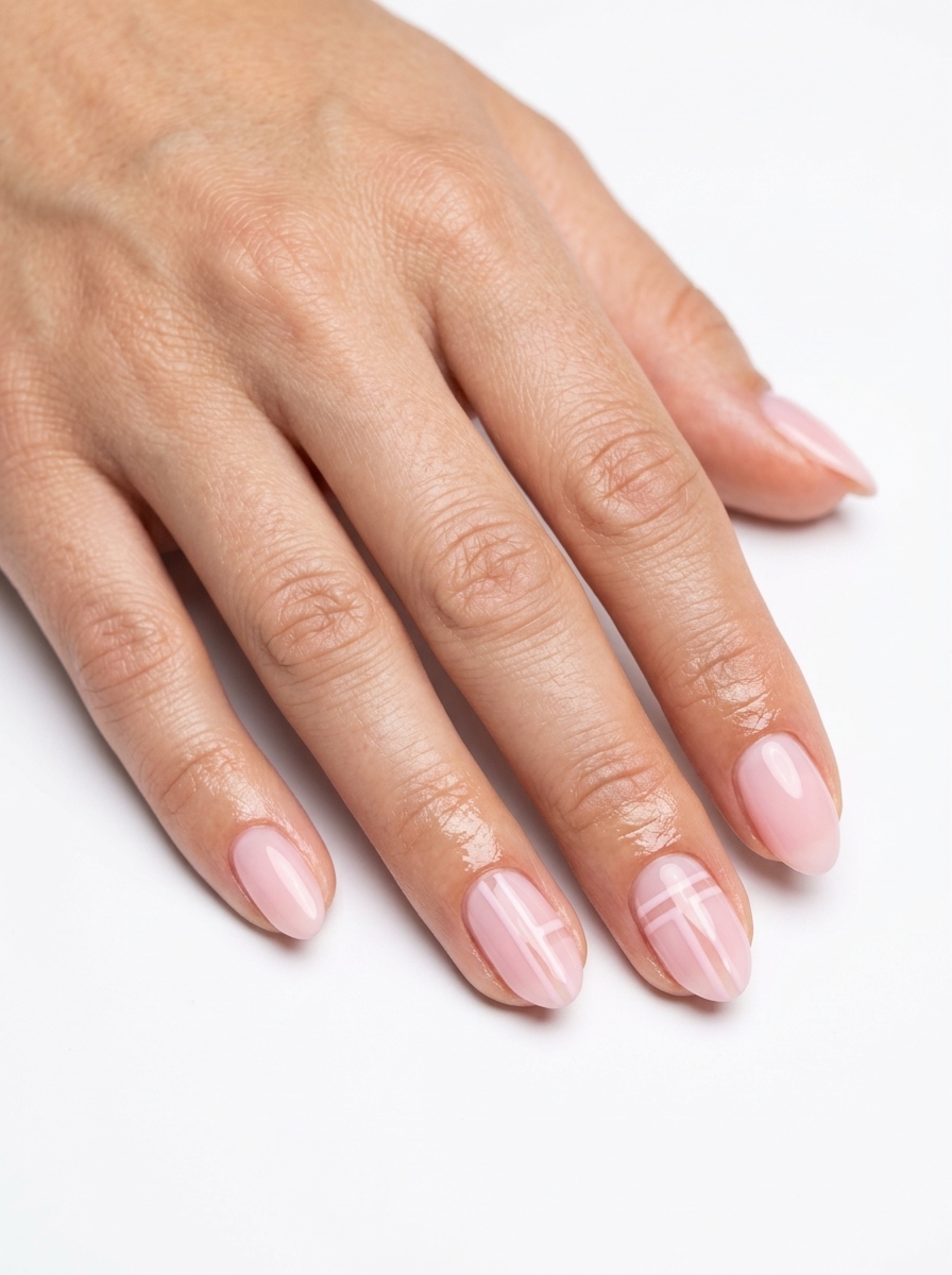 Almond Nails Summer 2026: Minimalist Linear Art Sheer pink negative space almond nails with fine black lines for summer 2026. Minimalist chic daily wear.