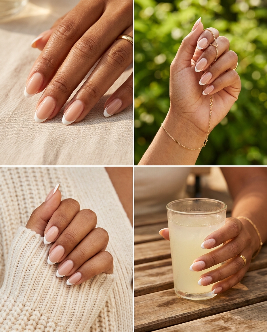 Micro French Almond Nails Summer 2026 Short to medium almond nails with a sheer nude base and micro French tip for summer 2026.