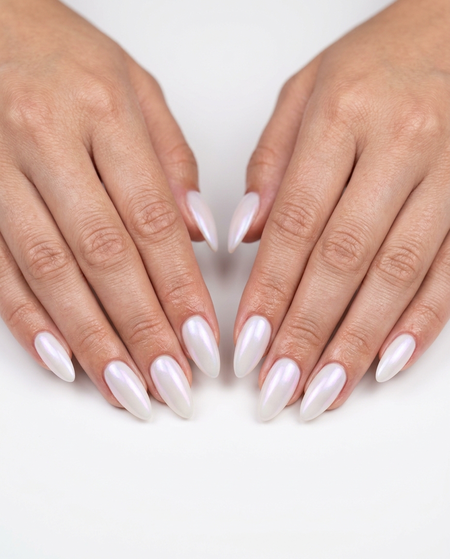 Pearlescent White Almond Nails Summer 2026 Milky white almond nails with a pearlescent shift for elegant events in summer 2026.