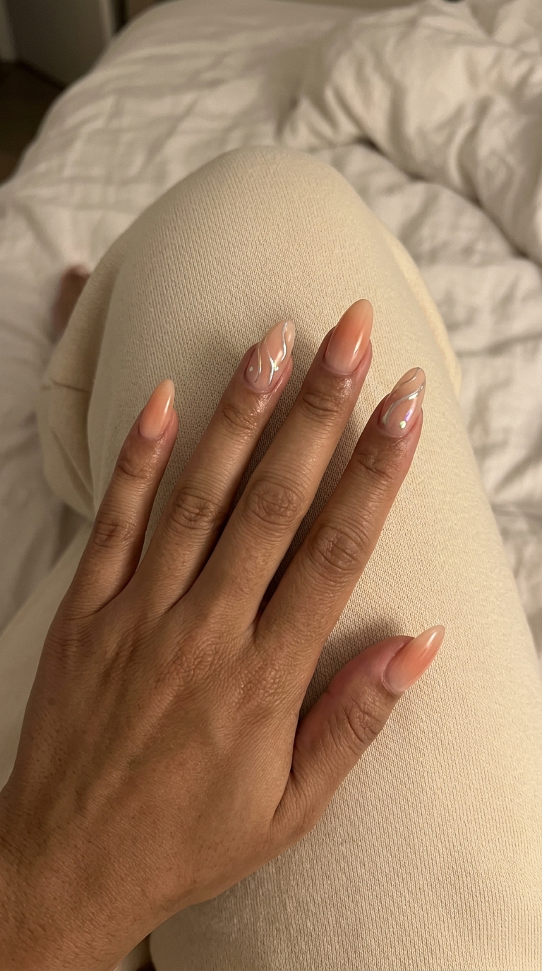 Peach Fuzz Aura Chrome Almond Nails Summer 2026 Peach fuzz aura gradient with chrome accents almond nails for summer 2026 party style.