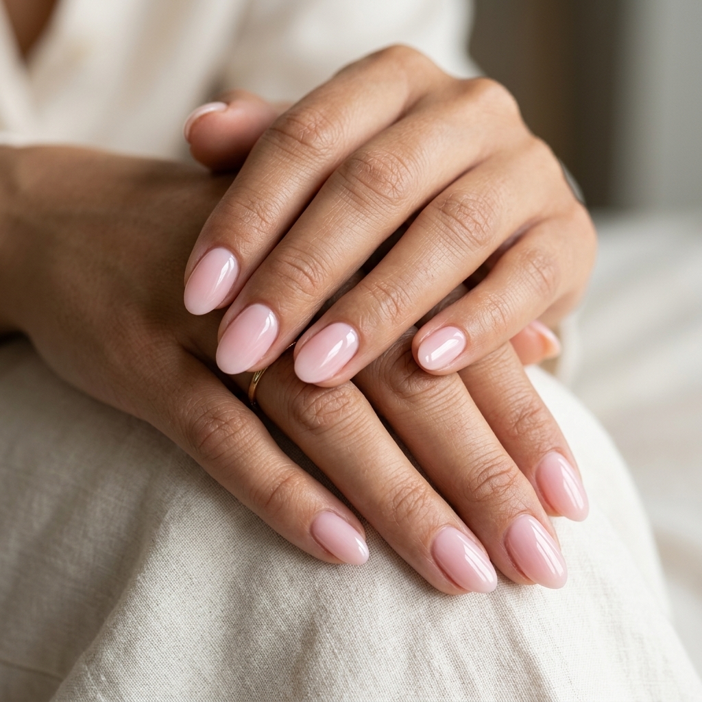 Glossy Pink Almond Nails Summer 2026 Sheer baby pink almond nails with a glossy finish for effortless daily wear in summer 2026.