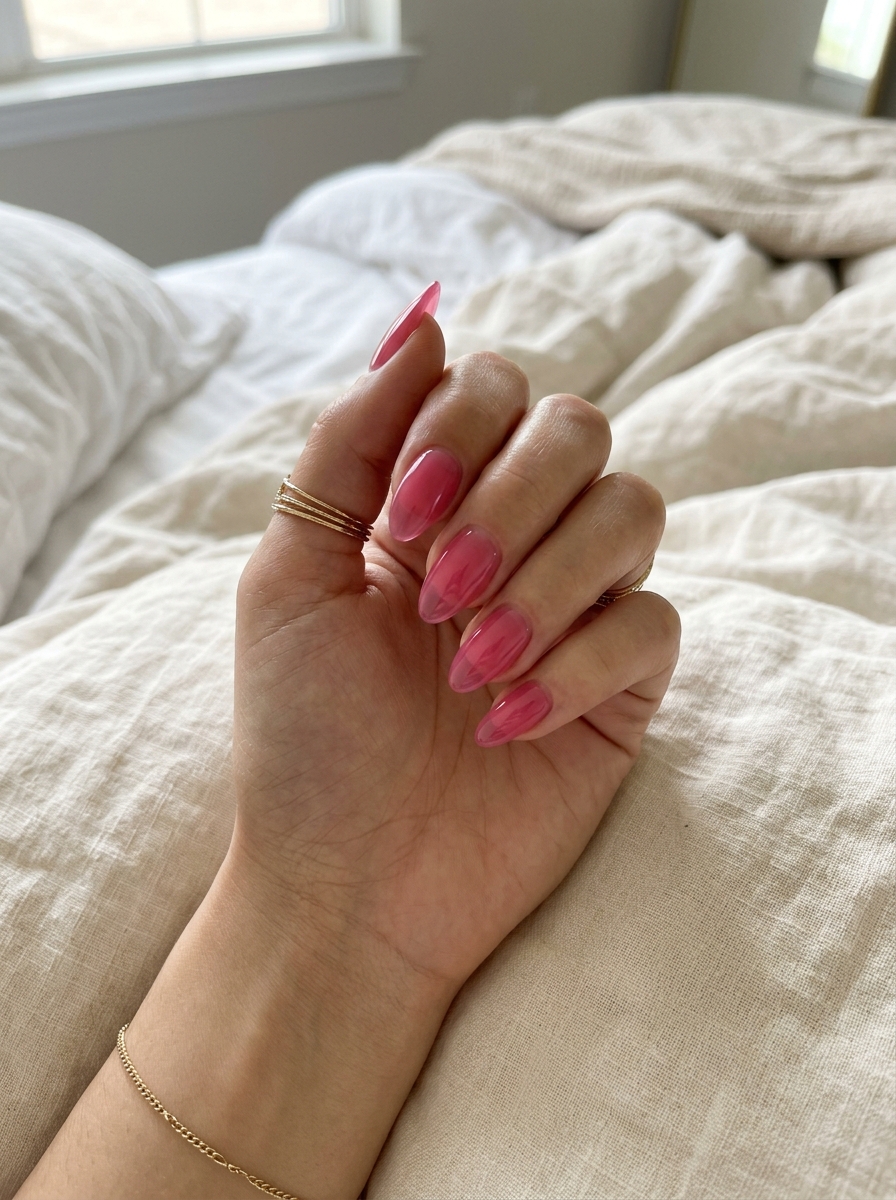 Vibrant Jelly Pink Almond Nails Summer 2026 Vibrant sheer pink jelly almond nails for summer 2026 playful bold style.