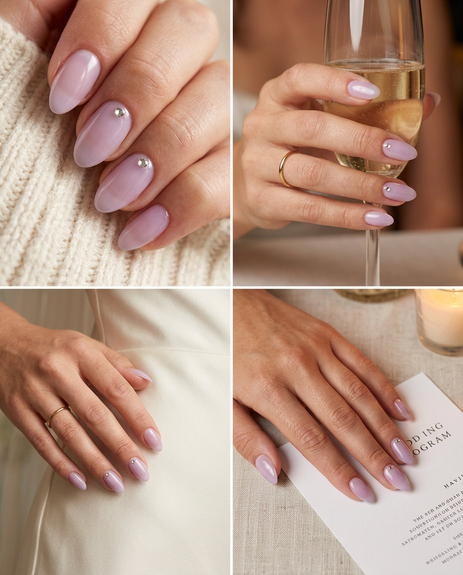 Almond summer nails 2026 for fair skin: Glamorous sheer lavender mist with a single rhinestone accent.
