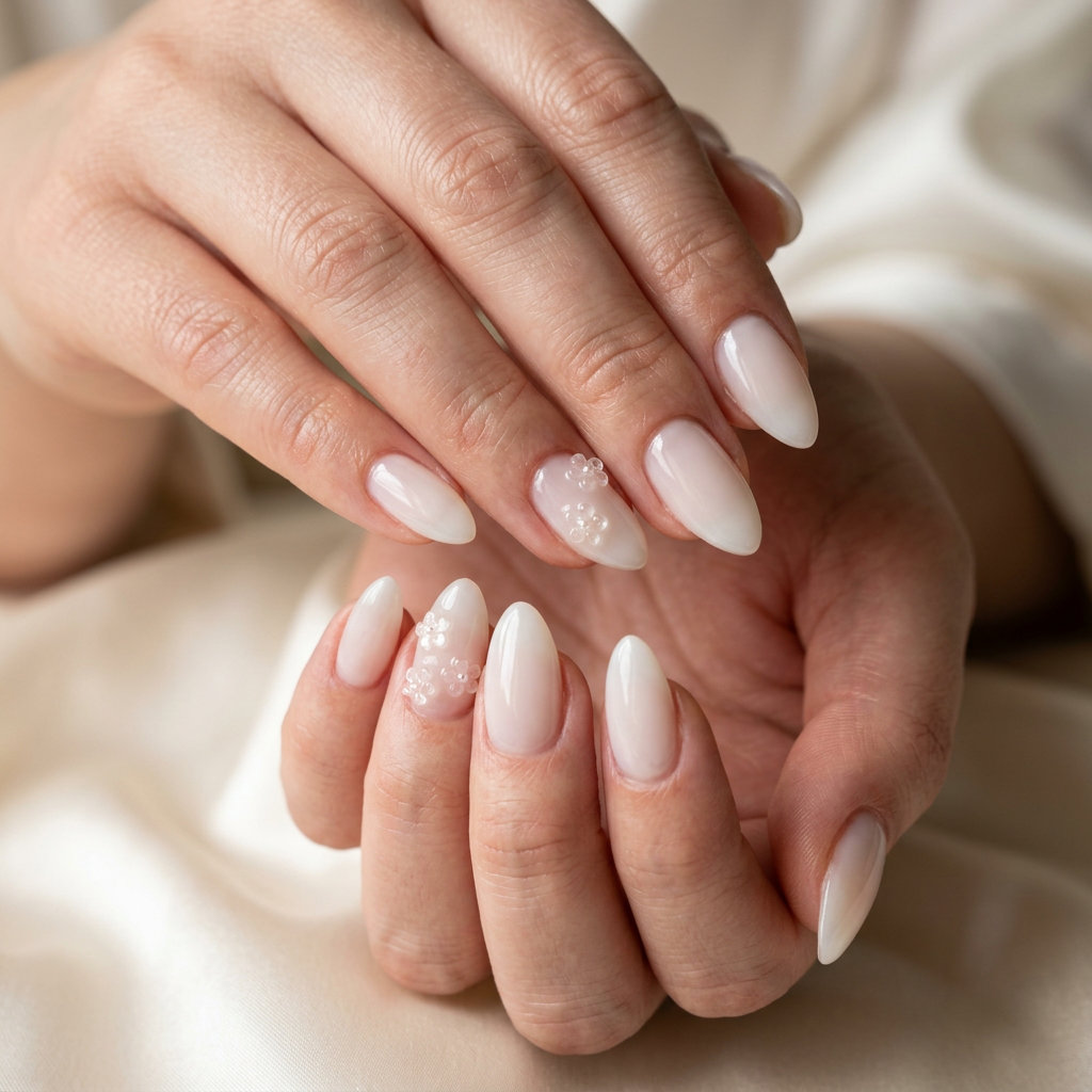 Almond summer nails 2026 for fair skin: Milky white with 3D floral charms for weddings & bridal showers.