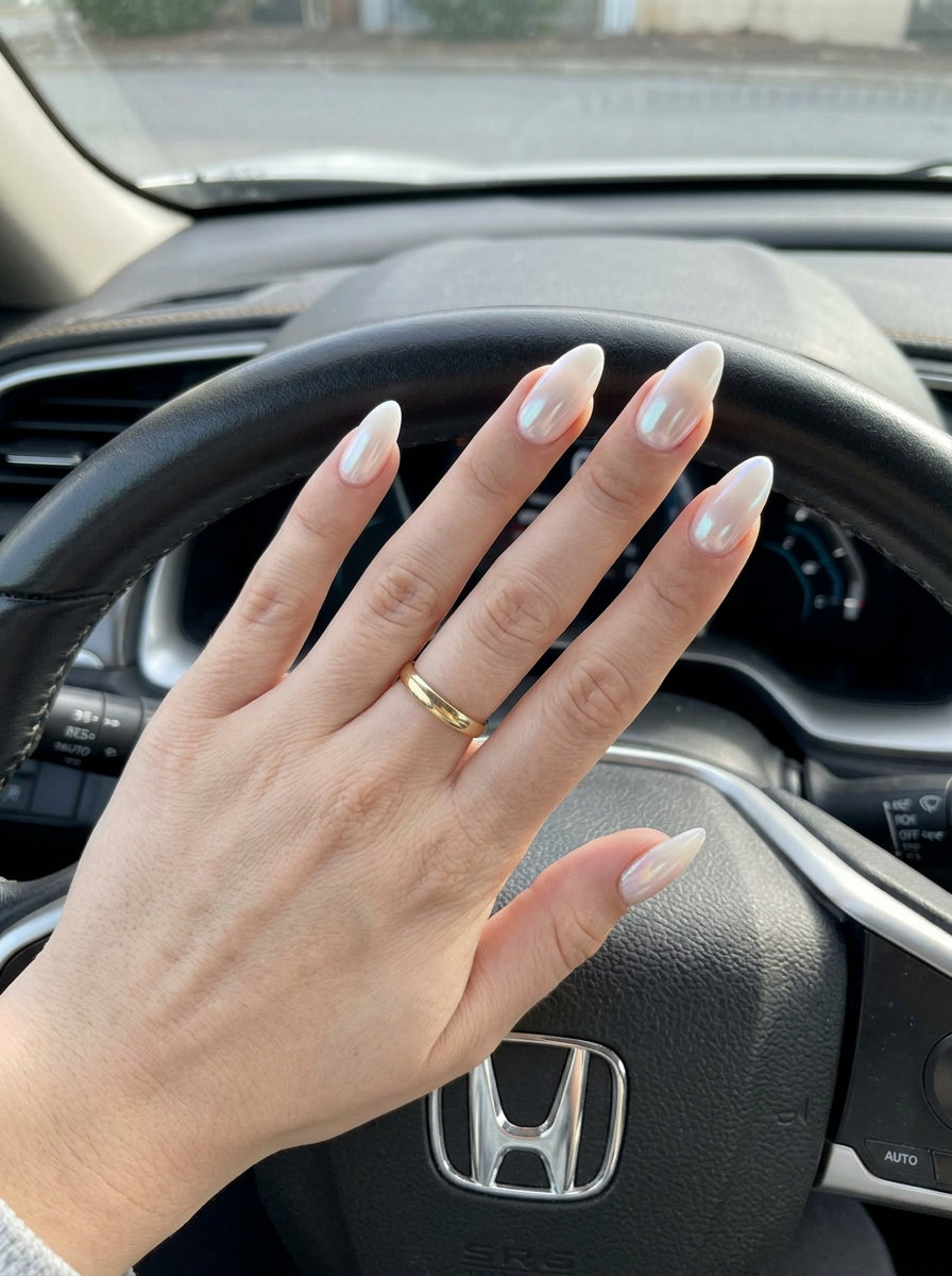 Almond summer nails 2026 for fair skin: Milky glazed donut with pearlescent chrome for parties.