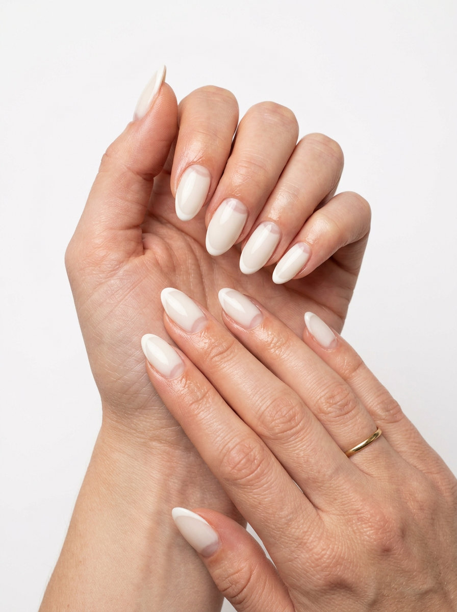 Almond summer nails 2026 for fair skin: Milky white reverse French for a clean-girl work look.