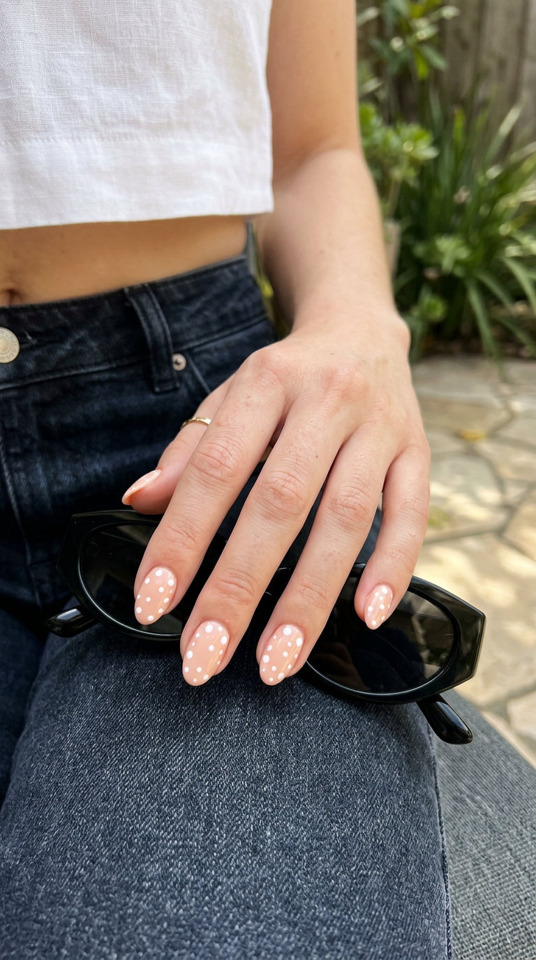 Almond summer nails 2026 for fair skin: Pale peach glossy gel with crisp white dots for casual outings.