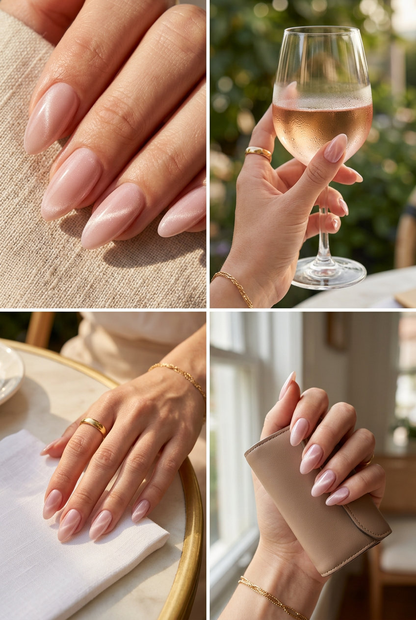 Almond summer nails 2026 for fair skin: Subtle pink cat-eye for a sultry date night look.