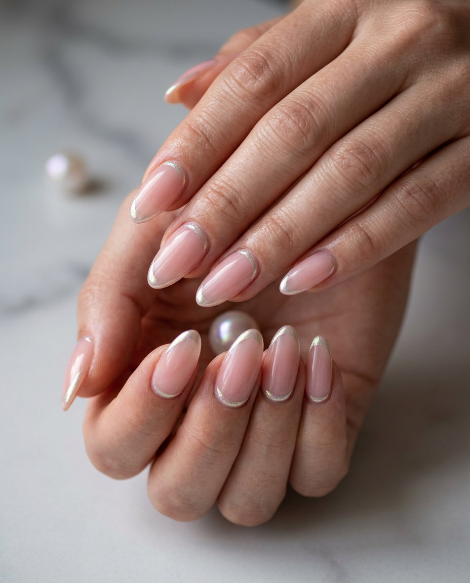 Almond summer nails 2026 for fair skin: Barely-there pink with iridescent chrome accents for a minimalist work look.