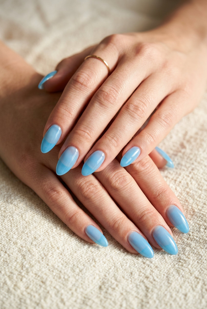 Almond summer nails 2026 for fair skin: Refreshing light sky blue jelly for festivals.