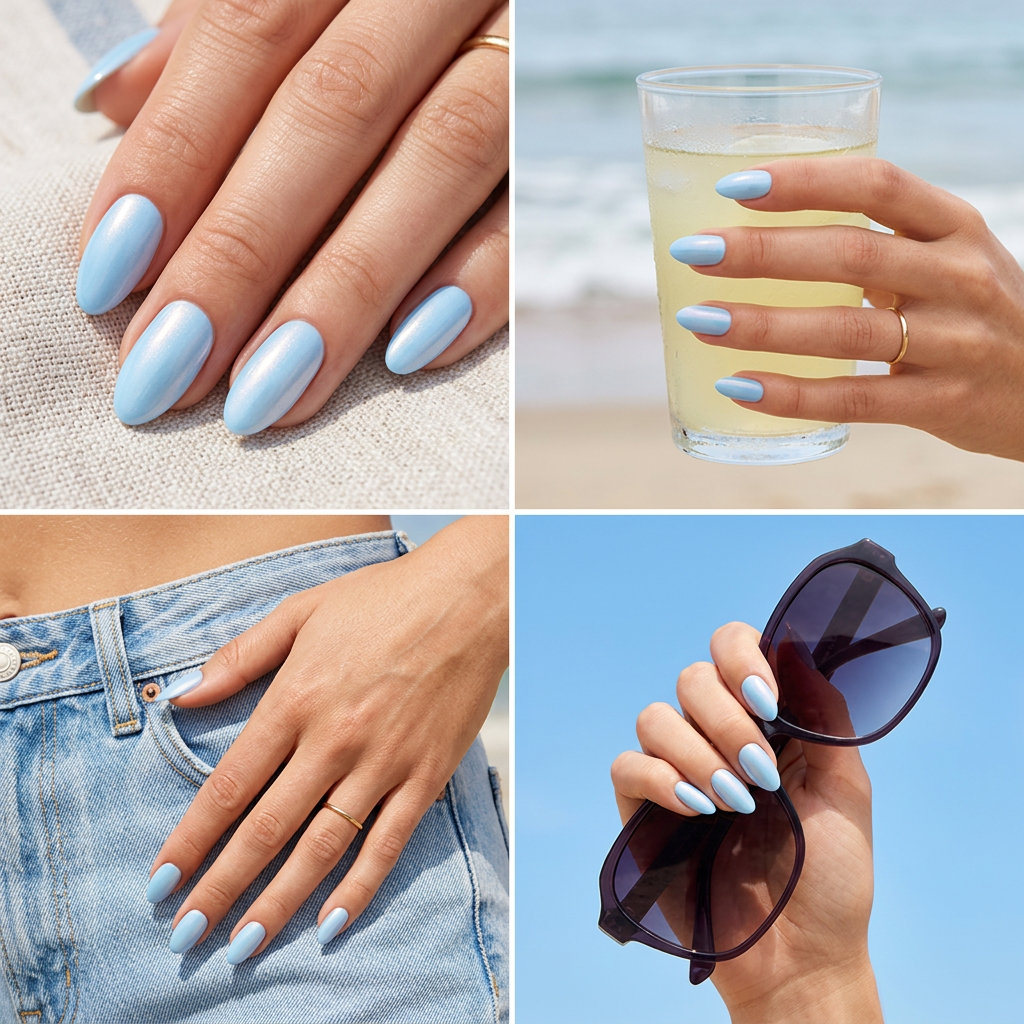 Almond summer nails 2026 for fair skin: Whimsical sky blue with pearlescent shimmer for vacation.