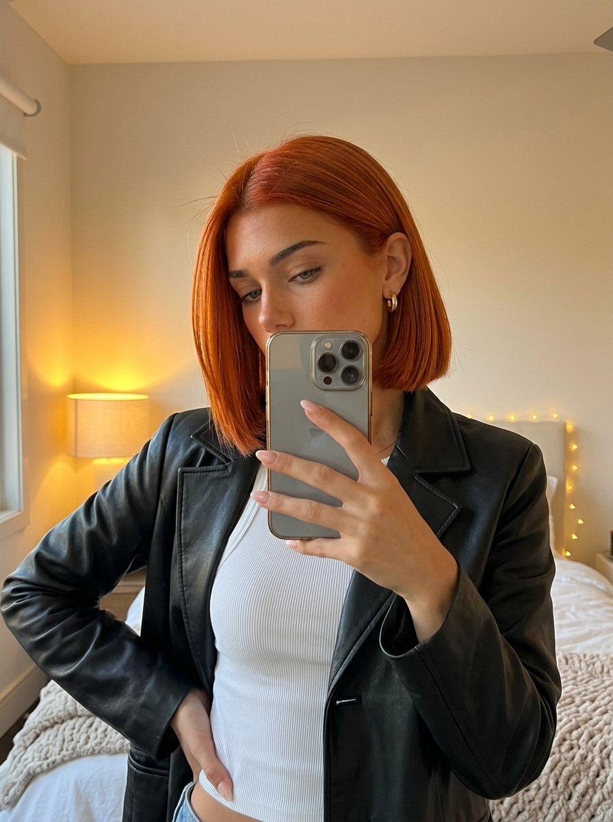 chin-length blunt bob in vibrant Aperol copper with wet-look finish for summer