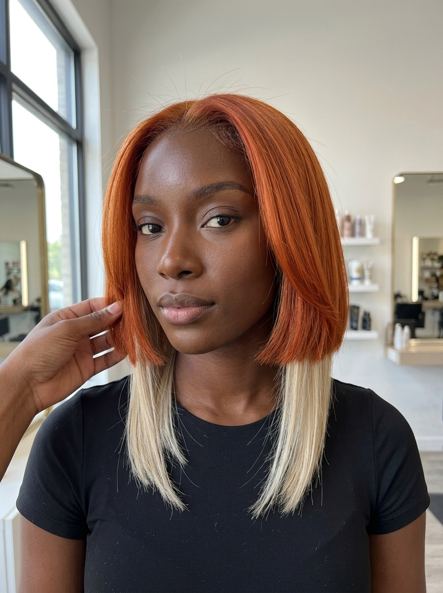 jaw-length jellyfish bob haircut in aperol copper with platinum blonde inner tendrils