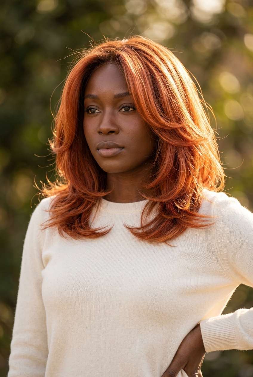 long apricot-auburn cowgirl copper with golden-peach, uniform luminous color, subtle face-framing — playful