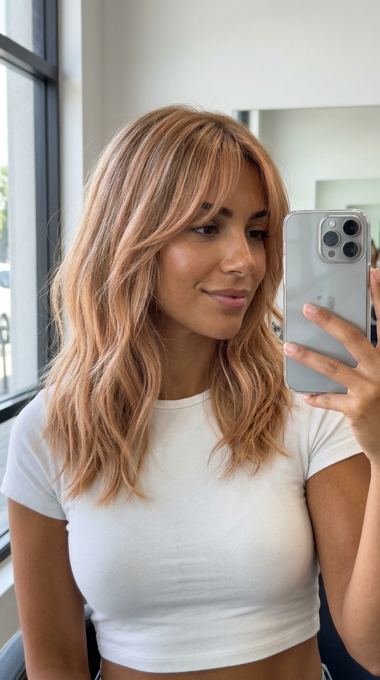 collarbone length midi haircut with apricot blonde balayage, peach undertones, and curtain bangs for office