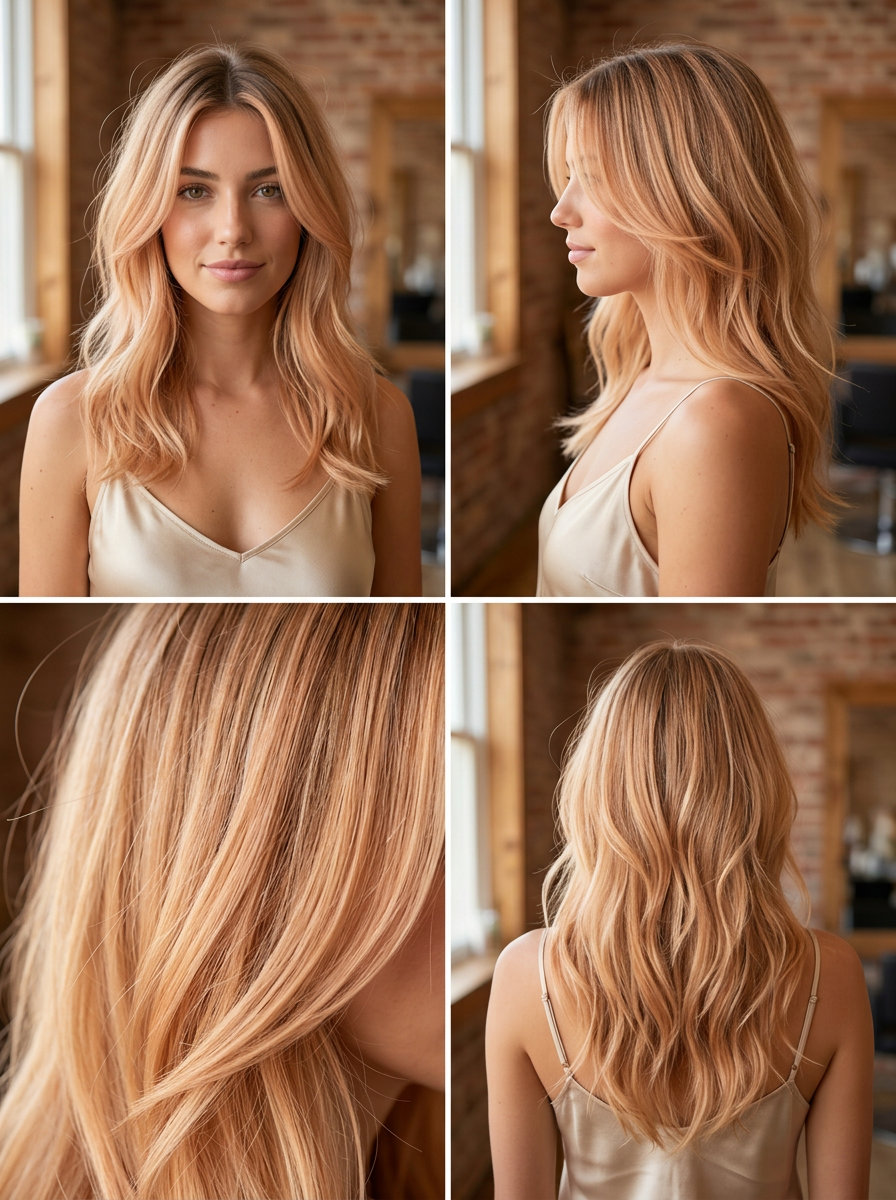 long apricot blonde with peach undertones and dark blonde root, subtle balayage — bohemian summer waves