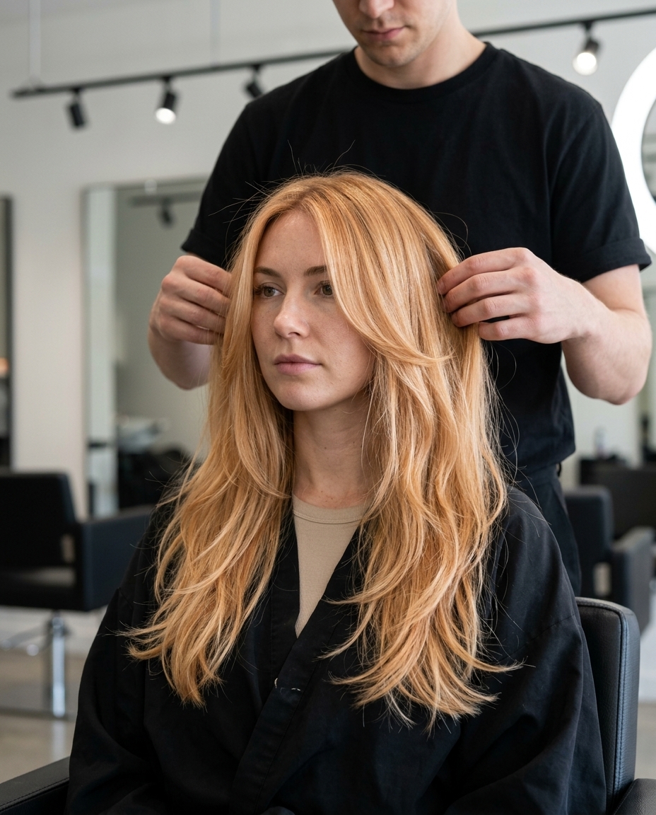 long layered hair in soft apricot blonde with golden undertones, U-cut back, soft ends — effortless and romantic