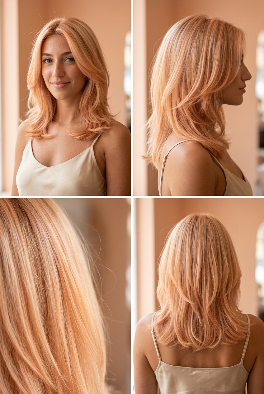 medium apricot blonde hair with pastel orange tones, balayage layers, point-cut perimeter — playful romantic look