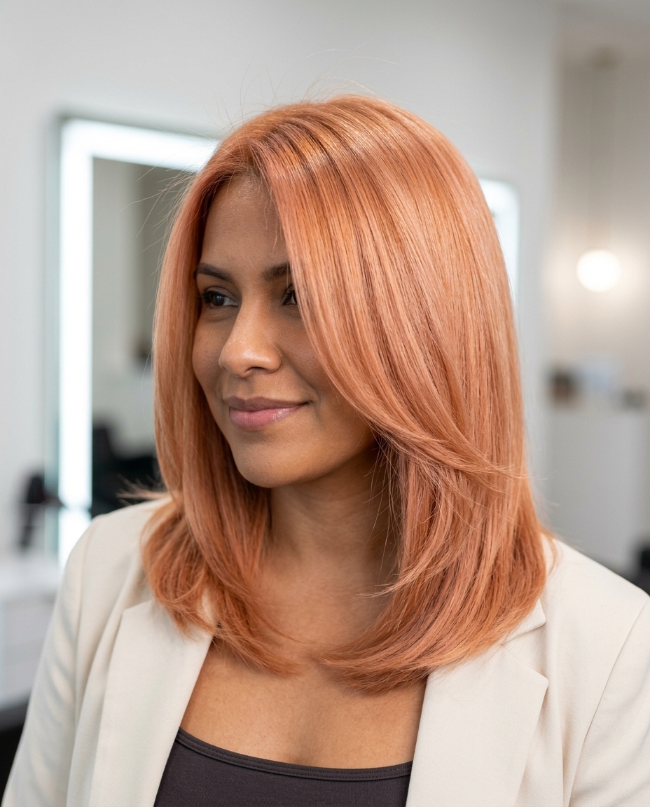 Apricot Crush Layered Collarbone Cut 2026 collarbone layered U-cut in apricot crush with peachy undertones, soft face-framing layers β romantic date night