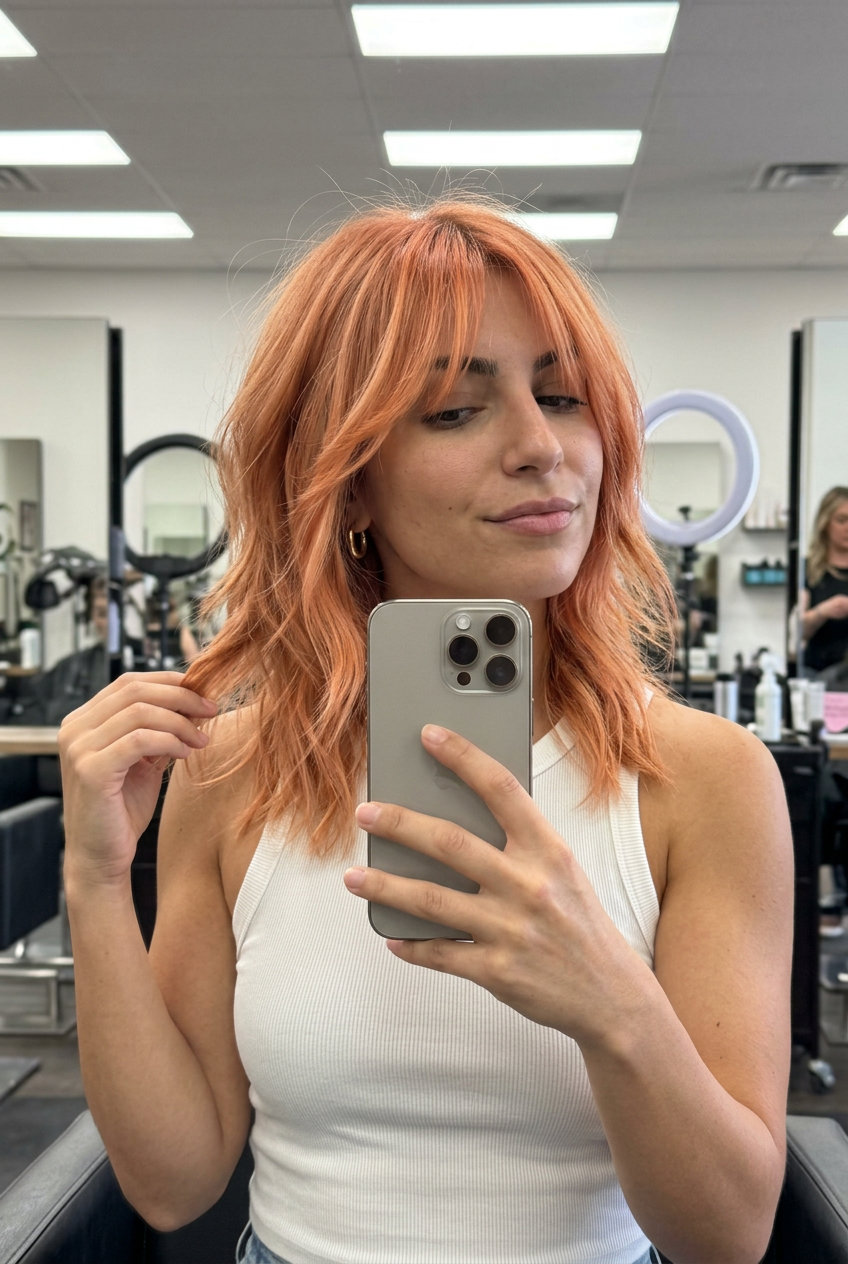 Apricot Crush Shag: Summer Haircut 2026 above-shoulder shag haircut in apricot crush copper for summer 2026