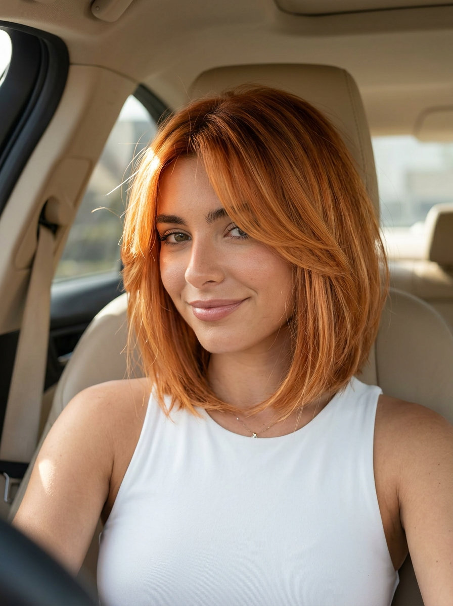 chin-length textured bob haircut in apricot crush copper balayage with curtain bangs for round face