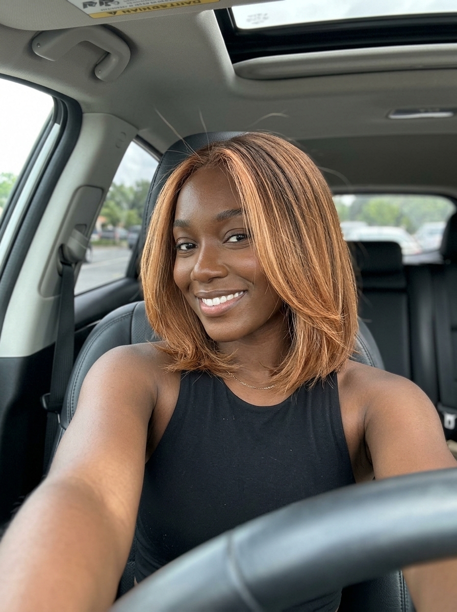 collarbone-length sleek cut with apricot copper balayage, babylights, and invisible layers for professional settings