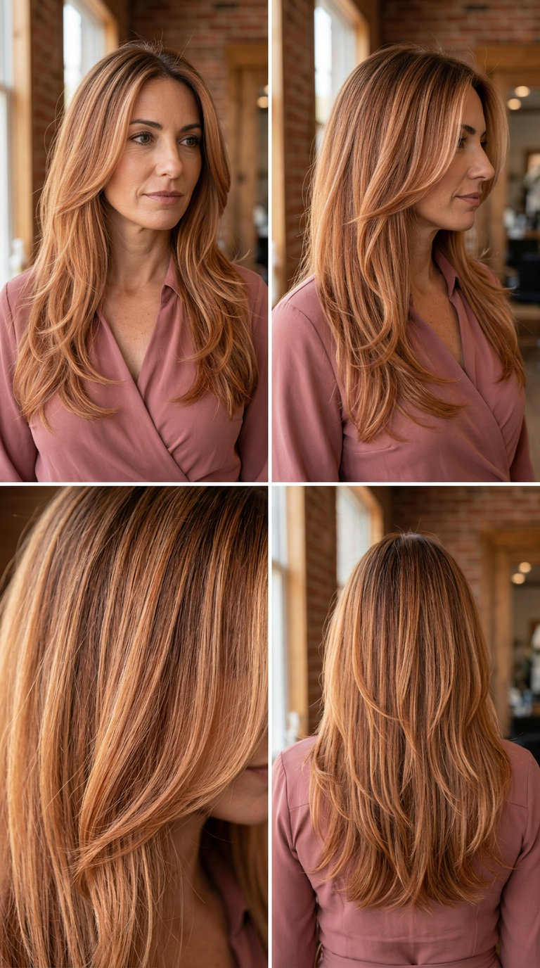 long apricot copper hair with strawberry blonde babylights, cascading layers — romantic & earthy