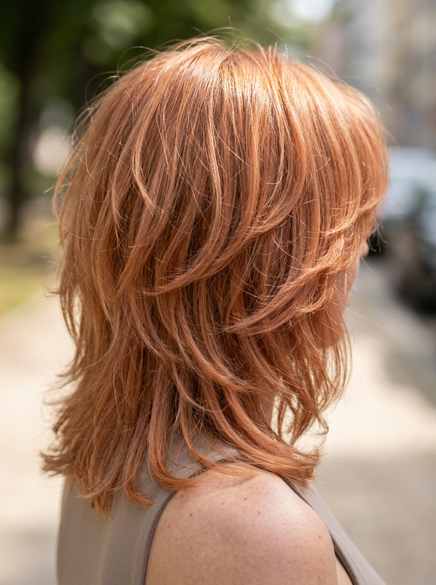 Playful Apricot Crush Kitty Cut 2026 mid-length kitty cut in apricot crush copper with peach undertones and wispy bangs for summer