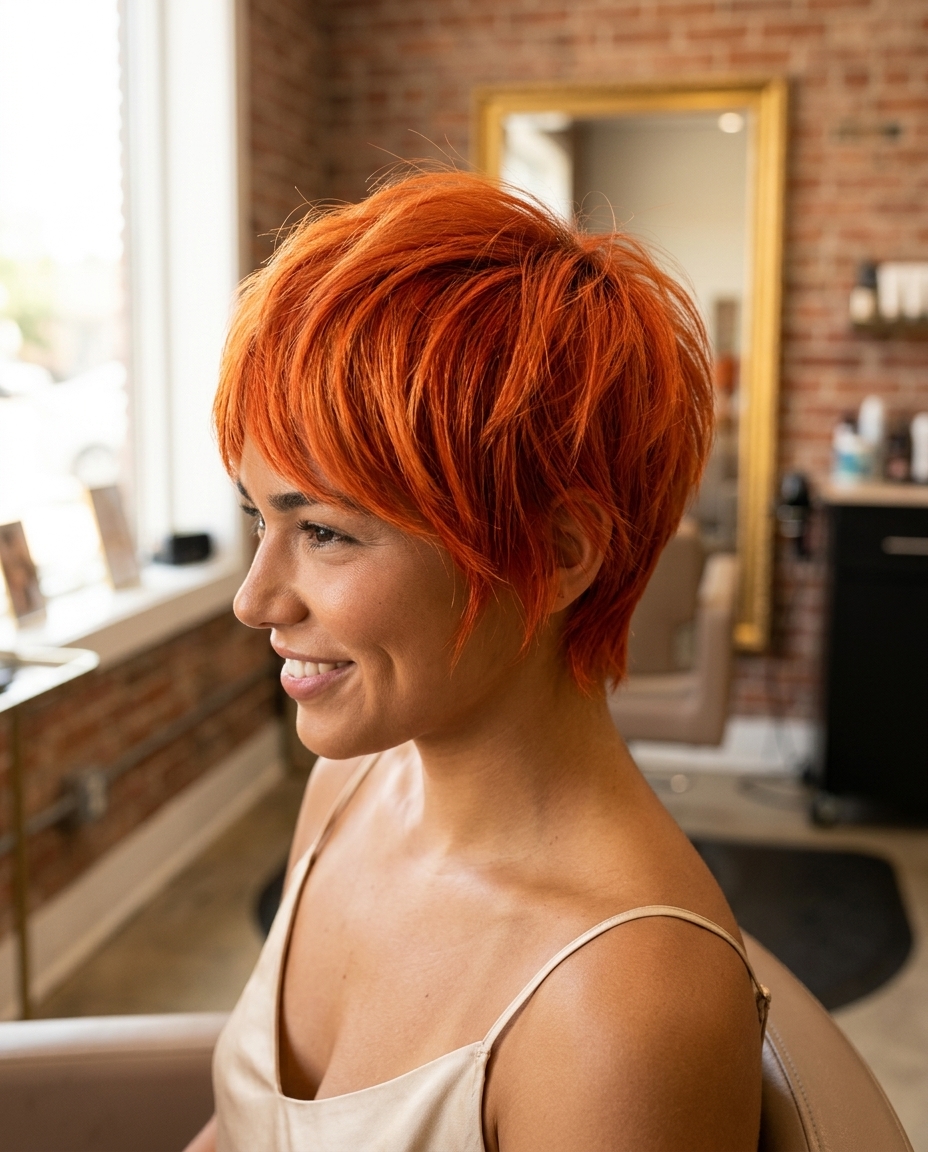 very short pixie haircut auburn hair color with apricot and copper tones, all-over vivid, playful mood