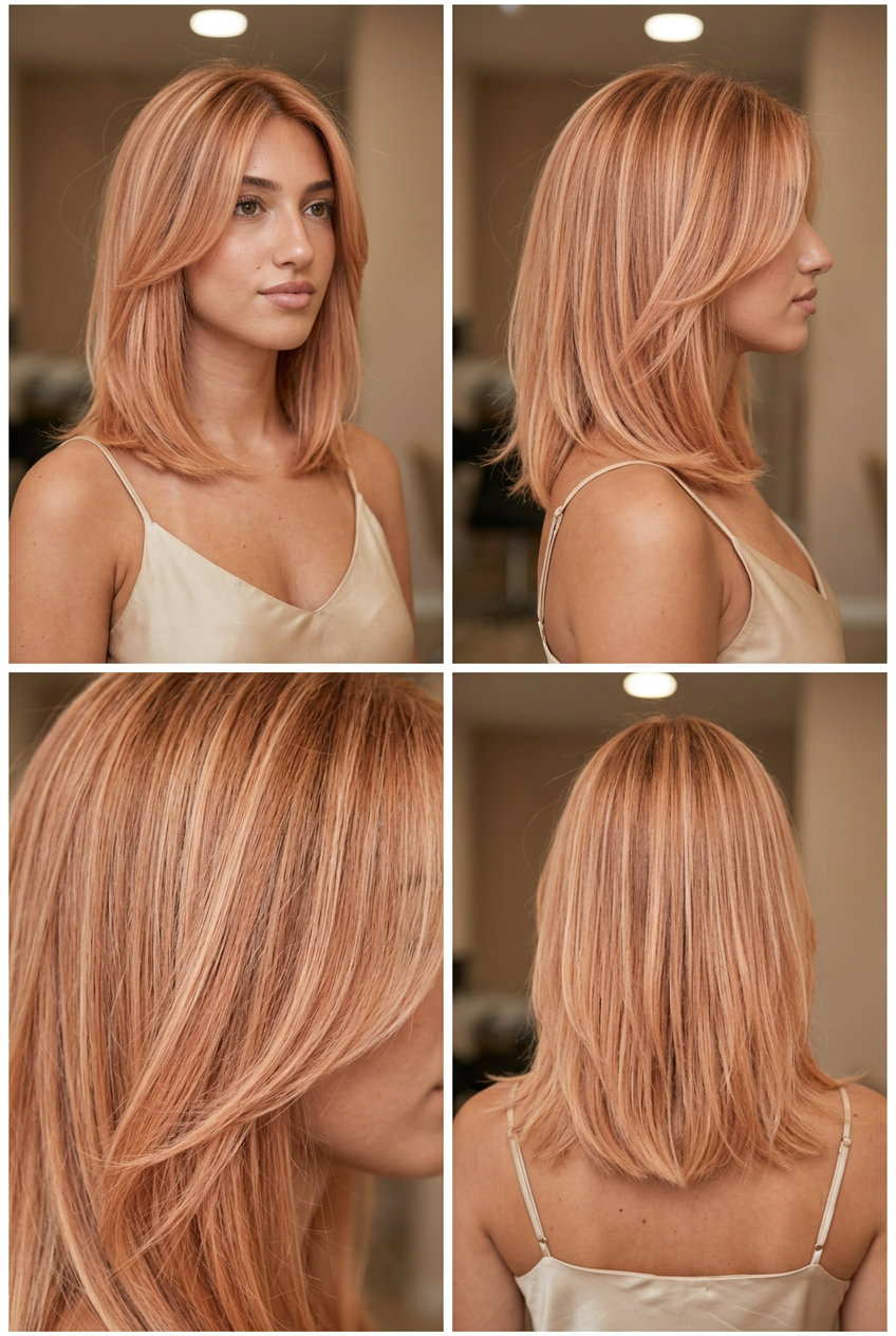 collarbone-length lob haircut in apricot crush with strawberry blonde highlights, face-framing layers — playful, vibrant