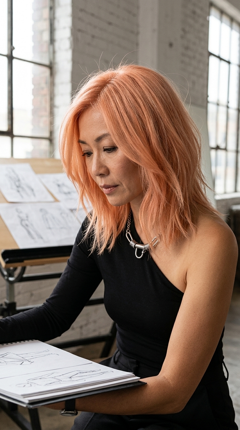 collarbone-length lob haircut in apricot crush with golden copper highlights, soft razor-cut ends and face-framing layers for chic