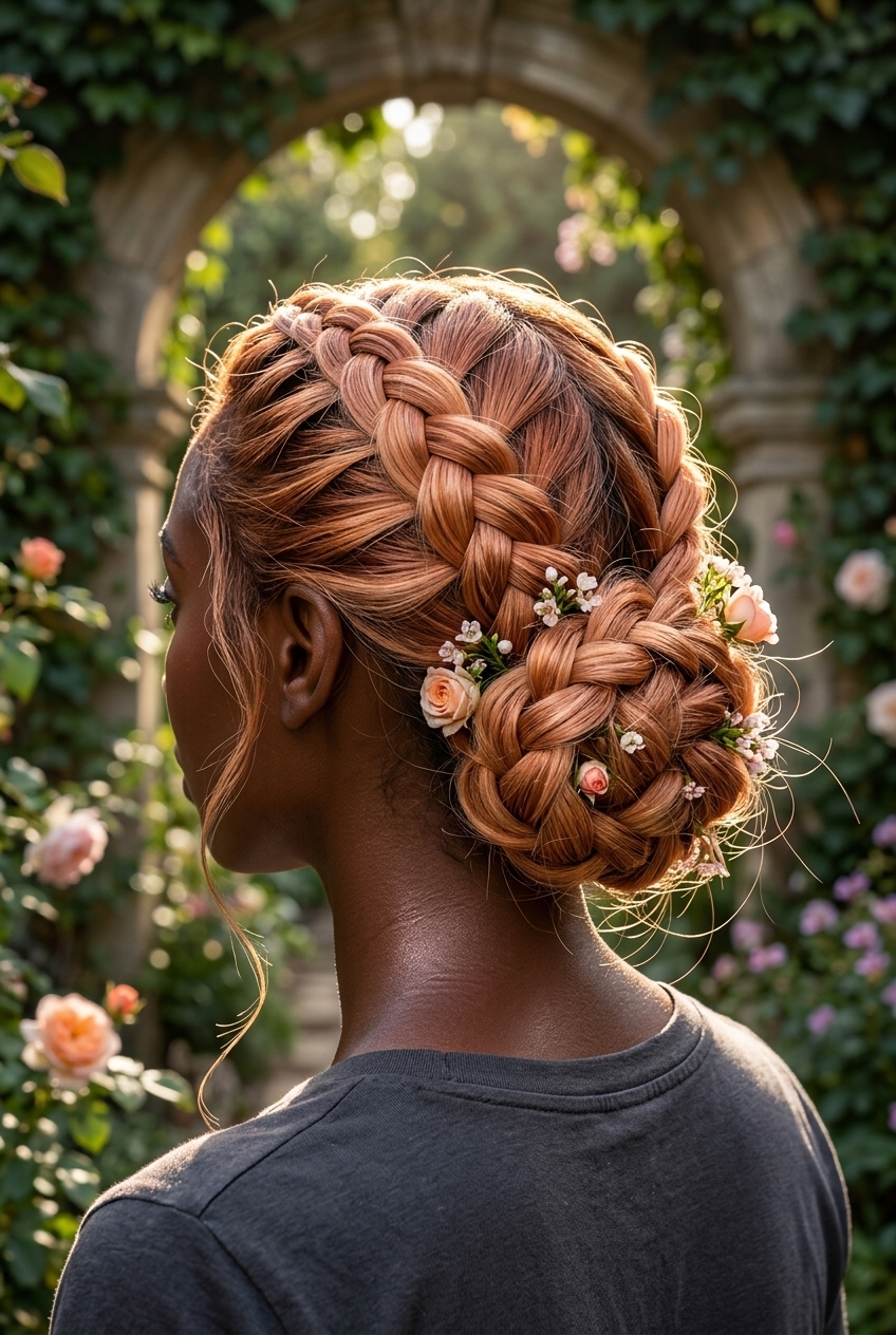 long apricot crush & strawberry blonde braided updo with textured loops for summer wedding guest