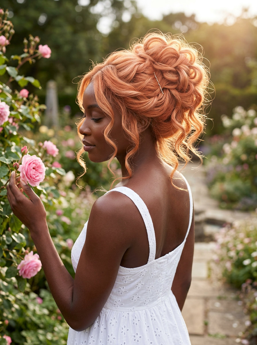 long ruffled bun updo with apricot crush, diffused layers — garden party